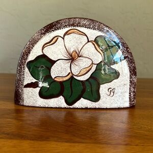 Magnolia hand painted floral‎ ceramic napkin holder signed